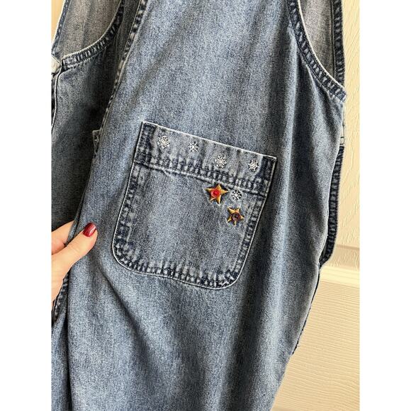 CHRISTOPHER & BANKS Vintage Christmas Appliqué Wide Leg Denim Jean Overalls Sz L - Picture 9 of 16
